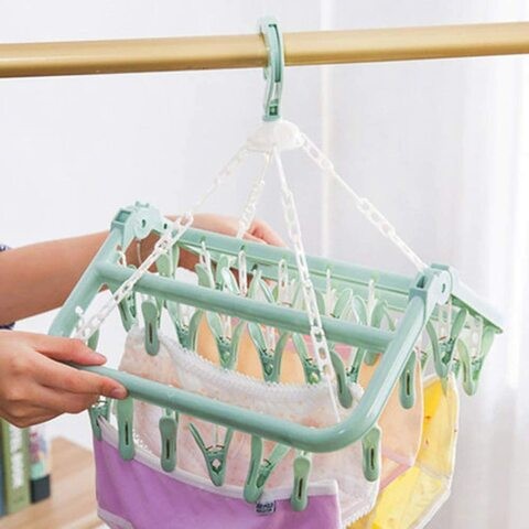 Aiwanto Cloth Drying Rack 32 Clips Folding Clothes Hanger Dryer Socks Cloth Drying Clips(Light Green)