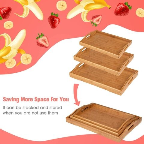 Aiwanto 3Pcs Large Serving Tray Storage Trays Bamboo Wood Serving Tray with Handle Guest Serving Tray Set for Coffee,Food,Breakfast,Dinner