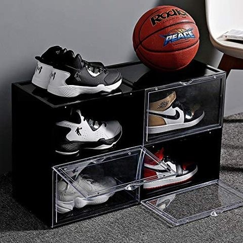 Shoe Storage Box, Side Opening High Quality Shoe Storage Organizer - Size Up To UK 46 (Large Size), Set of 6 Boxes (Black)