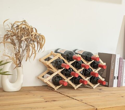 LINGWEI Wine Bottle Holder Foldable Wood Wine Rack Free Standing Countertop Wine Storage Table Unique Kitchen Bar Display Shelf 10 Bottles Natural