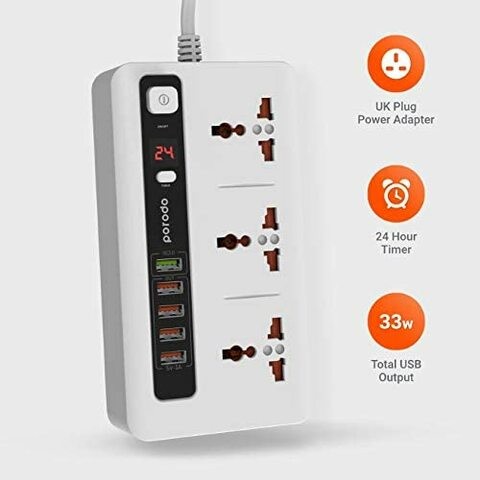 Porodo Power Socket Strip, 4 USB Port 3.4A + 1 Quick Charge 3.0 With 3 Universal Power Sockets 10A, Independent Power Switch With Timer,Sockets USB HUBS,Charging Station,Over Heat Protection (White)