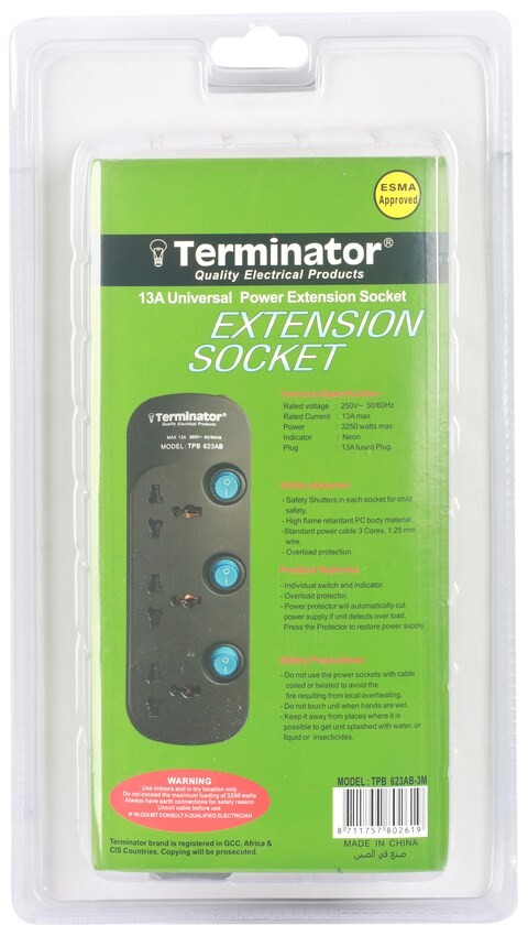 Terminator Brand Universal Power Extension Socket - 3 way 3M