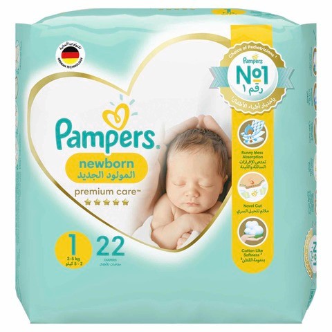 Pampers Premium Care Diapers Newborn Size 1 2-5kg Carry Pack 22 Count