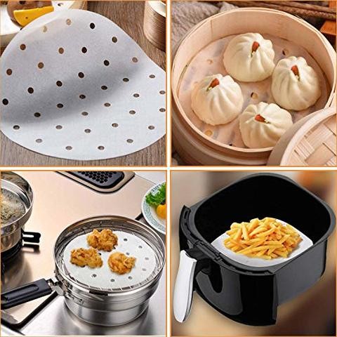 SKY-TOUCH 200 Pcs Air Fryer Liner, Round Non-Stick Steamer Mat, Premium Parchment Paper for Baking, Oven, Air Fryer, Bamboo Steamer and More 6 inches White