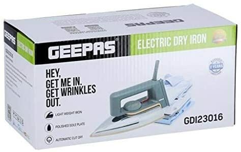 Geepas 1200W Dry Iron For Perfectly Crisp Ironed Clothes | Non-Stick Coating Plate &amp; Adjustable Thermostat Control | Indicator Light With Abs Material - 2 Years Warranty