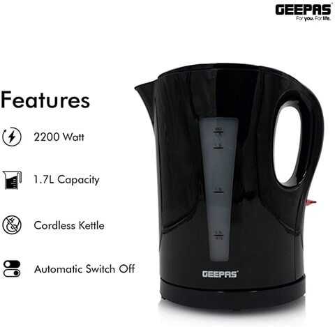 Geepas 1.7L Cordless Electric Kettle | Safety Lock, Boil Dry Protection &amp; Auto Shut Off Feature | Fast Boil &amp; Ease To Clean | Ideal For Hot Water, Tea &amp; Coffee Maker | 2200W - 2 Year Warranty