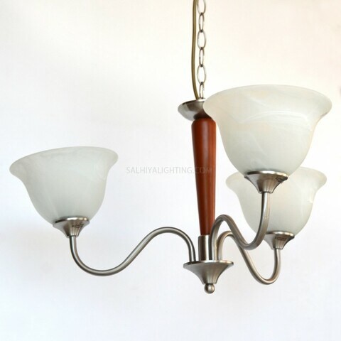 Uplight Chandelier 7016 - 3 Wooden Arms - Satin Nickel