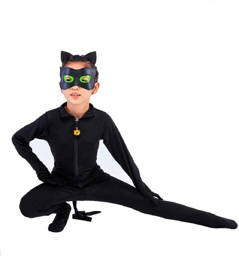 Kid&rsquo;s Beetle Costume Ladybug Black Cat Noir Boy or Girl Cosplay Outfit Clothing with Wig Jumpsuit Halloween Party Masquerade with 3pcs/Set Jewellery (S 5-6Y, Black Cat Noir)