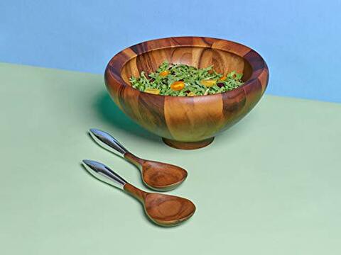 Nambe Yaro Acacia-Wood Salad Bowl with 2 Servers