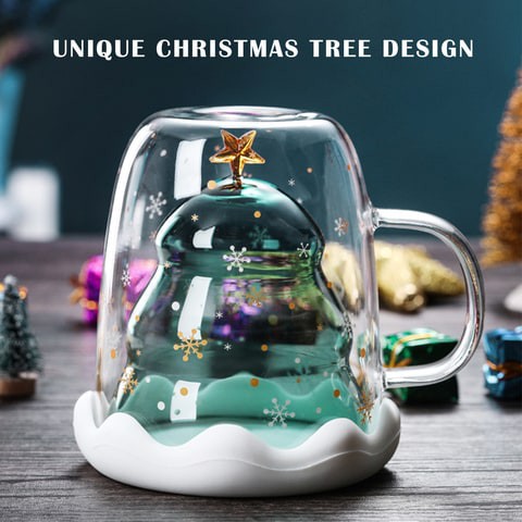 Glass Coffee Mug With Lid And Handle, Christmas Tree Shaped Double Wall Insulated Glass Cups Funny Mugs For Christmas Thanksgiving Valentine&#39;s Day Creative Birthday Gifts