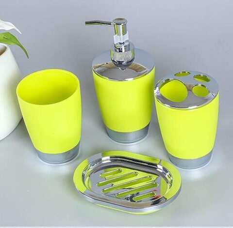 Bathroom Accessories Set 4 Piece Bath Ensemble with Smooth Surface Includes Soap Dispenser, Toothbrush Holder, Toothbrush Cup, Soap Dish for Decorative Countertop and Housewarming Gift, Lime Green