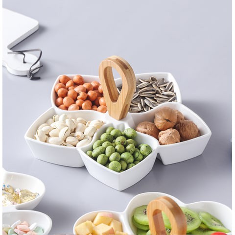 Lingwei - Pure White Ceramic Fruit Plate With Handle, Dried Fruit Storage Plate