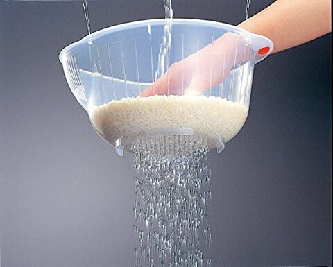 Inomata Japanese Rice Washing Bowl with Side and Bottom Drainers, Clear