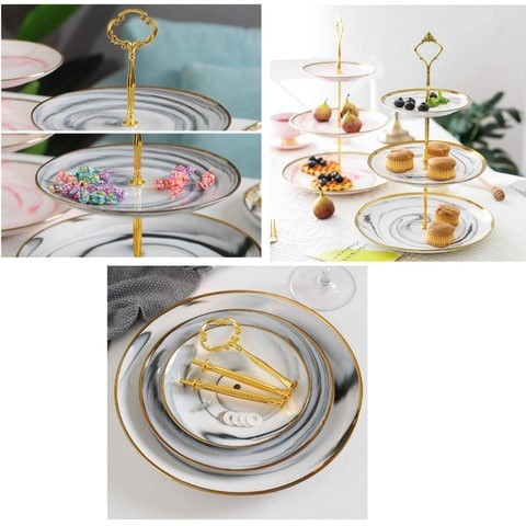 ALISSA 2-Tier Cupcake Stand Tower Dessert Display Plate Round Marble Ceramic Serving Tray