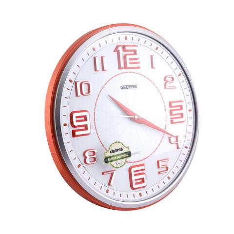 Geepas Wall Clock - Taiwan Movement Silent Non-Ticking, 3D Hours Numbers, Round Decorative Clock For Living Room, Bedroom, Kitchen (Battery Not Included) (Silver &amp; Orange Frame)