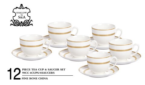 SHALLOW BONE CHINA CUPS AND SAUCERS SET, WHITE/GOLD, 90 CC, TS-90-LIN-A, 12PIECES