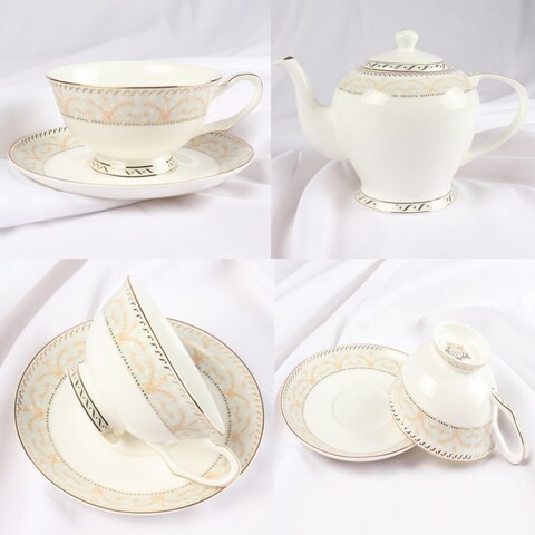 XIANGYU Dinner Set Porcelain Gold, 115pcs tea set; 10&#39;5 flat plate- (12) , 8&#39; soup plate- (12) 8&#39; flat plate- (12), 7&#39;5 flat plate- (12) 6&#39; salad bowl- (12), &#39;tea pot (1set)- (2) Tea cup/Saucer(12set)