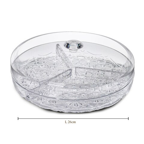 Al Hoora 26cm 3Section Clear Serving Dish W/ Specific Tray Design Use For Snack, Nuts, Small Sweets, Chocolates W/ Cover, Beautiful Knob &amp; Color Box