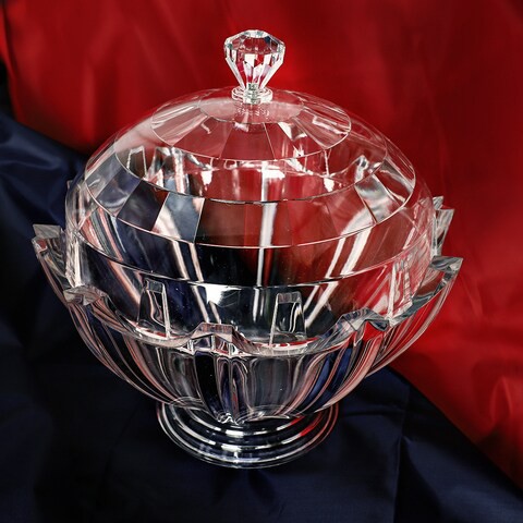 Al Hoora 23*23*H25Cm Round Acrylic Serving Clear Bowl W/ Clear Cover, Dimond Shape Knob And Box