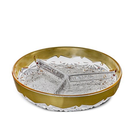 Al Hoora 19cm 3Section Clear-Gold Serving Dish W/ Specific Tray Design Use For Snack, Nuts, Small Sweets, Chocolates W/ Cover, Beautiful Knob &amp; Color Box