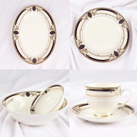 XIANGYU Dinner Set Porcelain Gold, 32pcs tea set; (12)pcs tea cup/saucer, (6) 10&#39;5 flat plate, (6) 7&#39;5 flat plate, (6) 6&#39; salad bowl, (1) 6&#39; salad bowl, (1) 14&#39; oval plate. New Ceramic Bone China, The