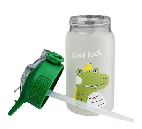 Dinasaur Water Glass Bottle with Straw Green 350ml