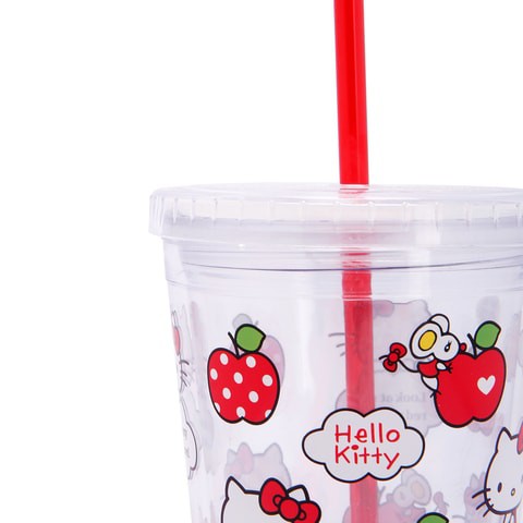 Hello Kitty Leak Proof Straw Cup, Clear, Apple KT Logo Printed 450 ml