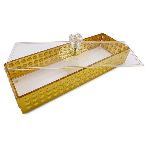 Al Hoora 30.5*10.5*H10cm Rect. Acrylic Gold Serving Tray, Cake Dish, Dessert Tray, Candy Dish W/ Geometric Pattern, Clear Cover, Rose Flower Knob And Color Box