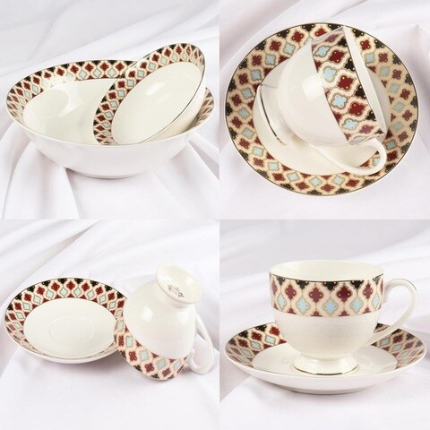 Dinner Set Porcelain Gold, 32pcs tea set; (12)pcs tea cup/saucer, (6) 10&#39;5 flat plate, (6) 7&#39;5 flat plate, (6) 6&#39; salad bowl, (1) 6&#39; salad bowl, (1) 14&#39; oval plate. New Ceramic Bone China, The rich an