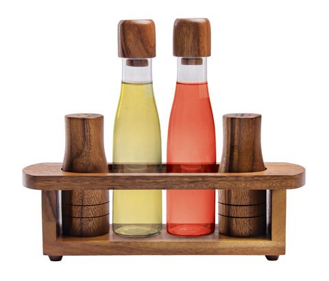 BILLI WOODEN OIL, VINEGAR, SALT &amp; PEPPER CANISTER SET, BROWN, ACA-622