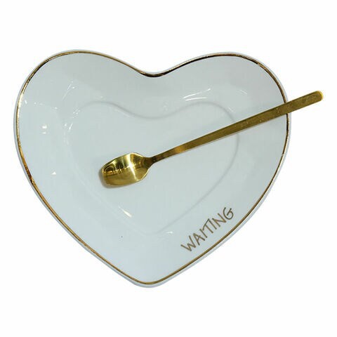 Ceramic Cup with Saucer and small golden spoon , Heart Design - 250mL (White)