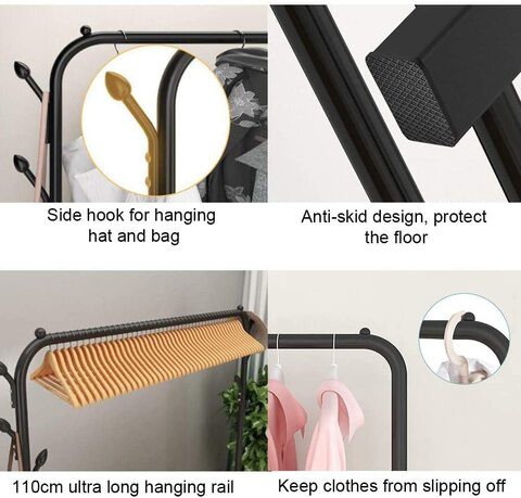 Neza Garment Cloth Rack Stand Clothing Rod Hatstand Single Rail With Side Hook Bottom Storage 110cm Long For Shoes Clothes Jacket Umbrella Hats Scarf Handbags