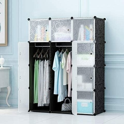 Generic Roland Diy Portable Closet Clothes Wardrobe Bedroom Armoire Storage Organizer With Doors, Capacious &amp; Sturdy, Black (6 Cubes &amp; 2 Hanging Section)