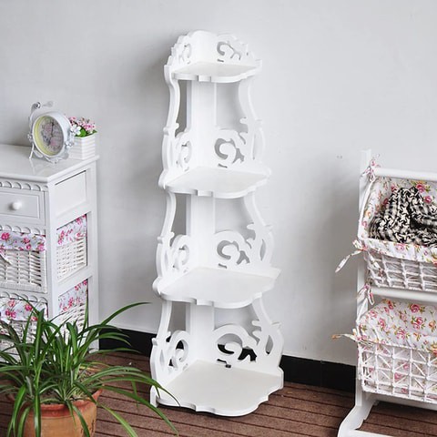 LINGWEI 4-Floor Corner Shelf，Wooden Bookshelf Flower Rack Home Bedroom Office Wall Corner Stand White Open Display Shelf