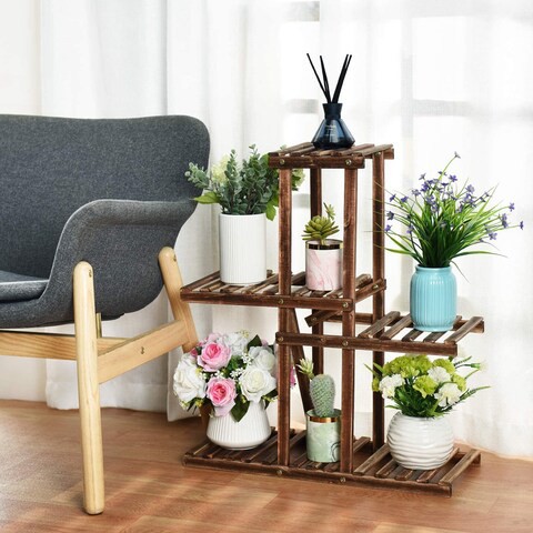 LINGWEI Multi-tier Solid Wooden Higher and Lower Plant Flower Pots Display Stand Holder Shelves For Garden Balcony Livingroom Patio Style-1