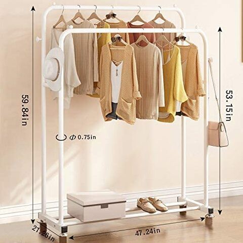 Clothing Double Rod Garment Rack with Shelves, Metal Hang Dry Clothes Rack for Hanging Clothes，Double layer ，4 Hooks，White (47.5inch)