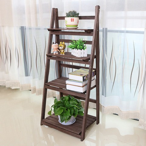 LINGWEI Ladder Design Foldable Wooden Flower Rack Book Shelves Storage Stand Flower Pot Holder For Bedroom Office Restaurants Home Decor 4 floor Brown