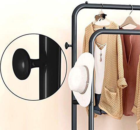 Garment Rack Double Rod Heavy Duty Free-Standing Clothes Rack Multi-Functional Bedroom Hangers Clothing Hanging Stand Organizer Storage Rack with Shoe Shelves, Wheels (32&#39;&#39; Width, Black)