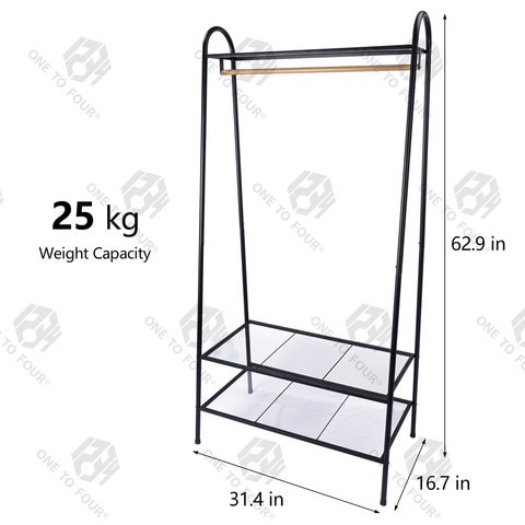 ONE TO FOUR Garment Rack Heavy Duty Free-Standing Clothes Rack With Top Rod, Multi-Functional Bedroom Hangers With 2 Shoe Shelves, Black