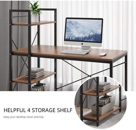 IBAMA Home Office Desk With 4 Tier Shelves, Work Study Gaming And Writing Table With Storage Bookshelves Modern Wood And Steel Frame Compact Workstation