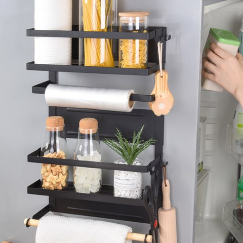 Generic-LSF2019052 Kitchen Rack Fridge Organizer Refrigerator Side Shelf Magnetic Fridge Organizer Paper Towel Holder Spice Jars Rack Kitchen Storage Seasoning Jars Organizer Refrigerator Shelf Storage