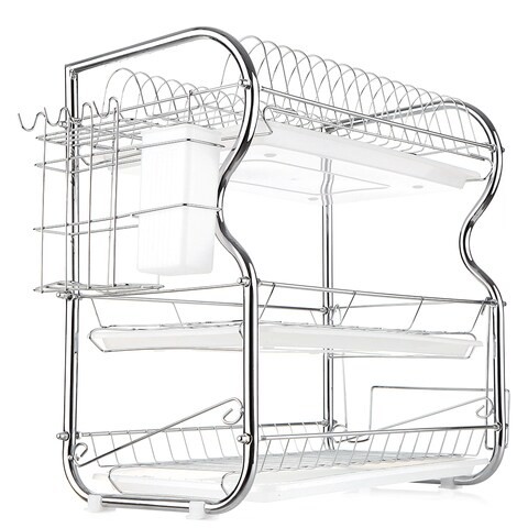 Decdeal - Multi-functional 3-Tier Dish Rack Kitchen Supplies Storage Rack Draining Rack with Chopsticks/Knives/Cutting Board Holder Drainboard