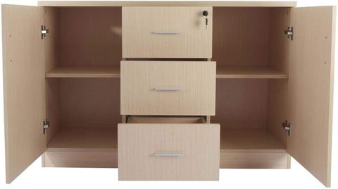 Mahmayi Melamine On Mdf Carre 1147 Credenza - Contemporary and Tough Wooden Storage Cabinet With Three Drawer Storage - W120Cms X D40Cms X H80Cms (Beige) ME1147Oak