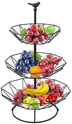 NuSense 3 Tier Metal Basket Decorative Modern Fruit Rack with Large Capacity for Fruit Vegetables Bread and Snacks (Black)