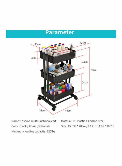 3 Tier Rolling Storage Utility Cart on Wheels Black 43x19.5x31.5cm