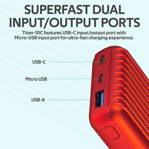 Titan-10C Battery Charger Capacity 10000 mAh With Micro USB Input And Super Fast USB 2.1 Port Promate - Red