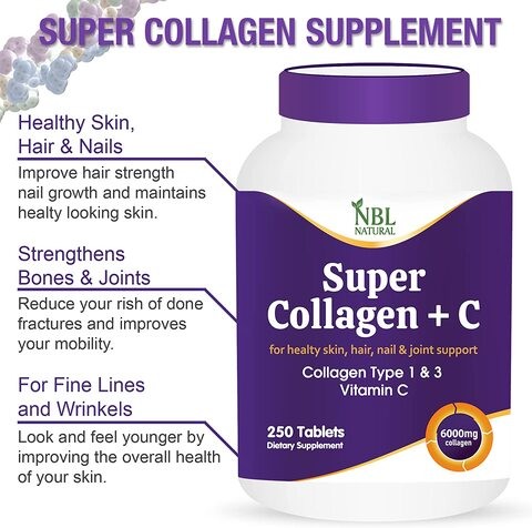 NBL Super Collagen with Vitamin C, Collagen Peptides Types 1 & 3 for Hair, Skin, Nails & Joints - 6000 mg - 250 Tablets