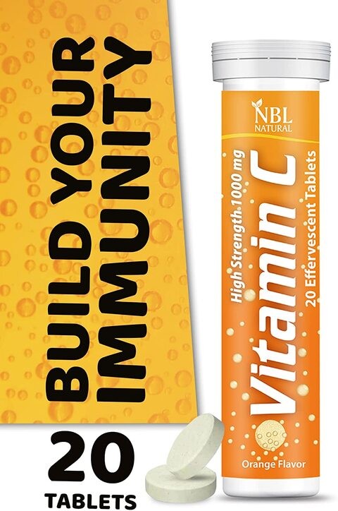 NBL Natural Vitamin C 1000mg, Orange Flavor, Immune System Booster, Powerful Antioxidant, 20 Effervescent Tablets