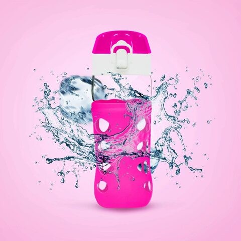 Aiwanto Glass Water Bottle Anti Slip Glass Pop Water Bottle School Office Water Bottle Handle and Protective Silicone Sleeve for Sports(Pink)