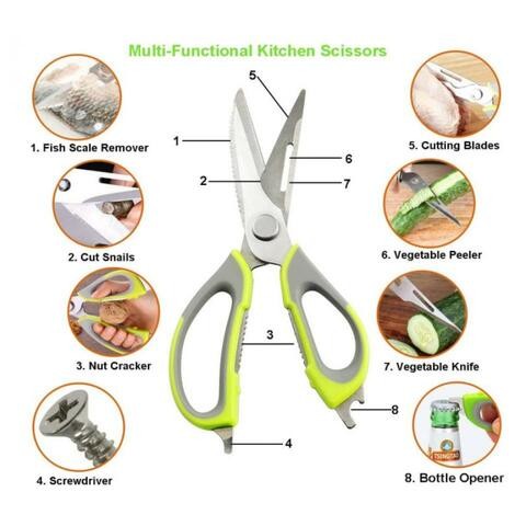 ALISSA Multifunctional Multipurpose Stainless Steel Kitchen Scissors, Heavy Duty Culinary Scissors, 8 in 1 Household Scissors with Magnetic Holder for Chicken, Fish, Seafood, BBQ